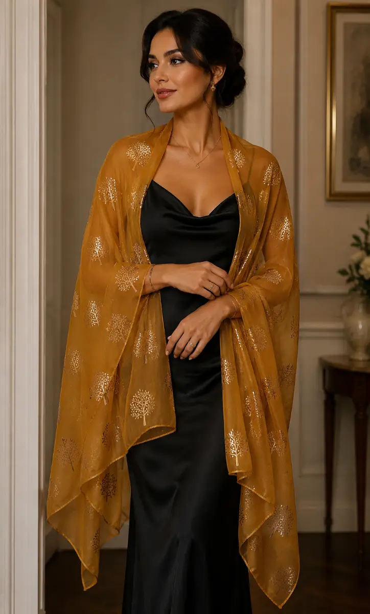 POM Peace of Mind Scarf Shawl Mustard Metallic Gold Tree Print Chiffon Occasion Length 70"