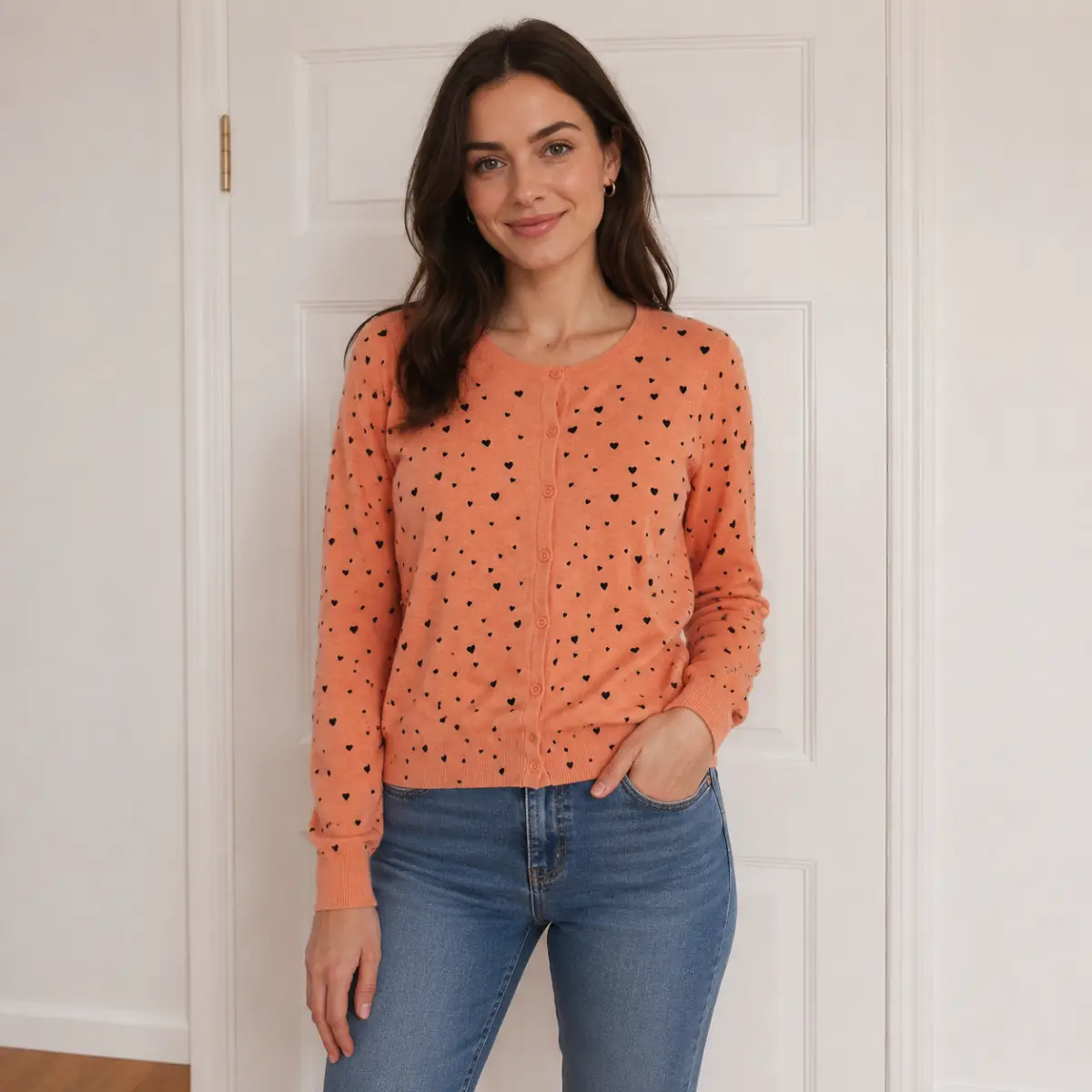 Atmosphere Cardigan Peach Black Heart Pattern Long-sleeves Round Neck Size UK 10 VGC