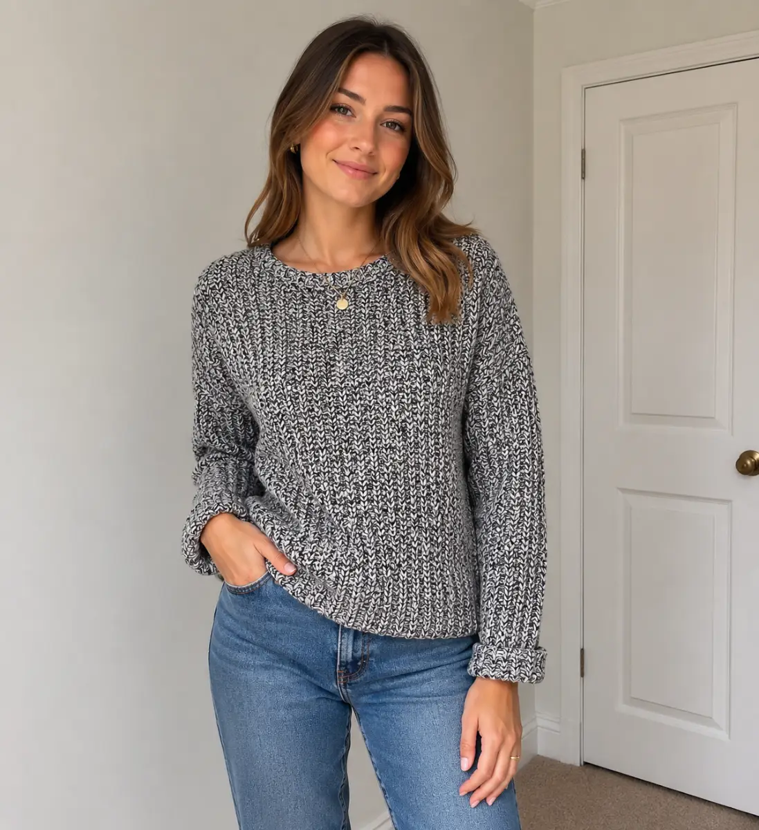 Papaya Weekend Jumper Grey And Black Chunky Knit Long-sleeves Size UK Medium