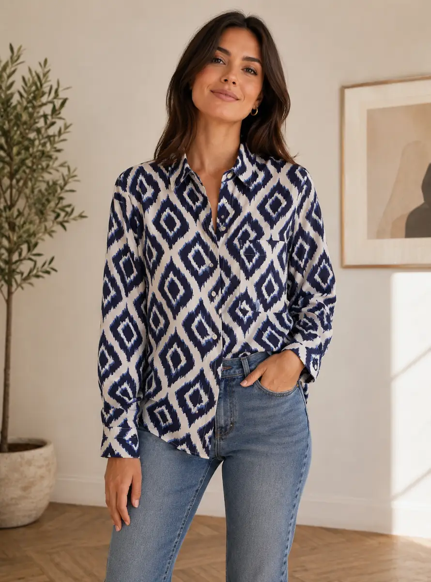 M&S Blouse Shirt White And Navy Blue Pure Linen Diamond Print Long-sleeves Size UK 10 NEW