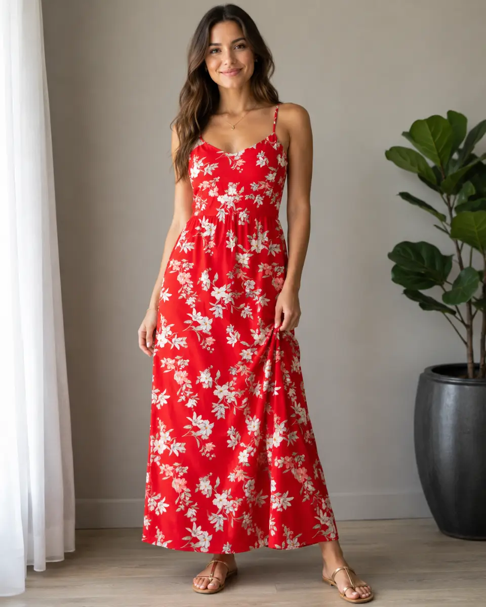 H&M Maxi Dress Red Shoulder Strap Floral Pattern Size UK 4 NEW