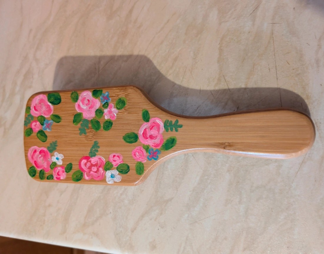 Hand painted wooden floral hair brush
