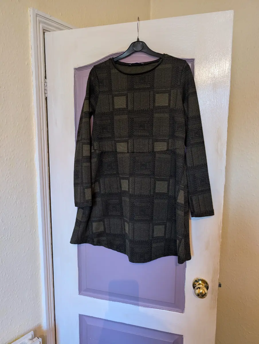 Zara Black & Khaki Geometric Check Swing Dress size S