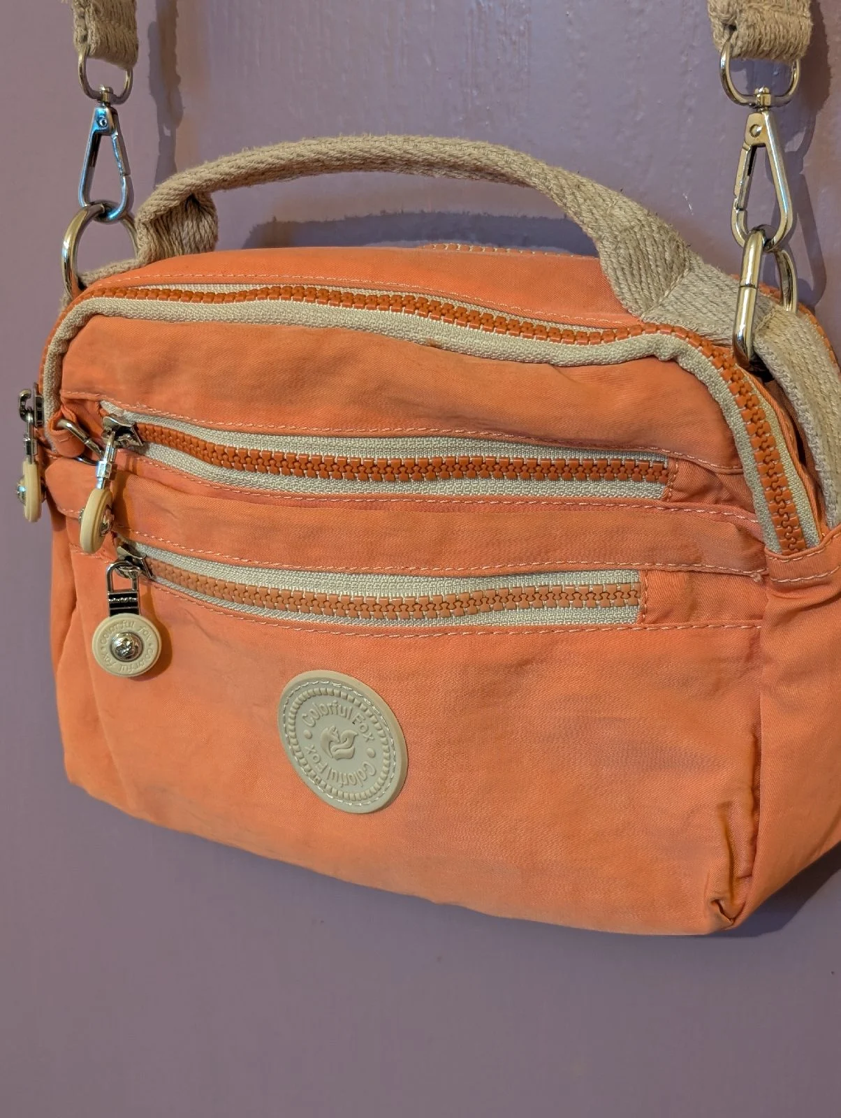Colorful Fox Orange Nylon Crossbody Shoulder Bag Multi-Zip