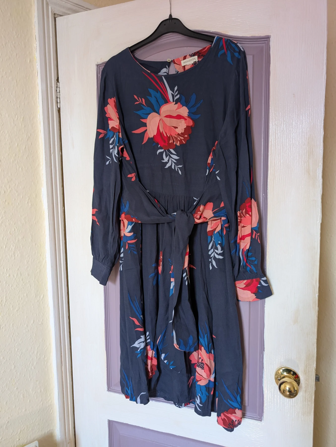 Monsoon Floral Long Sleeve Midi Dress with Waist Tie size 14/16