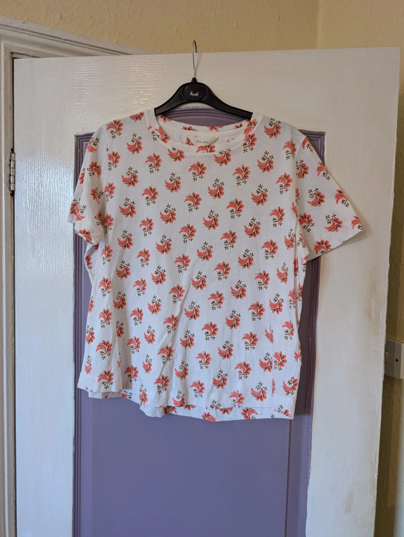 Per Una M&S Linen Blend Floral T-Shirt Ivory Mix - Size 14| cottagecore| vintage boho|