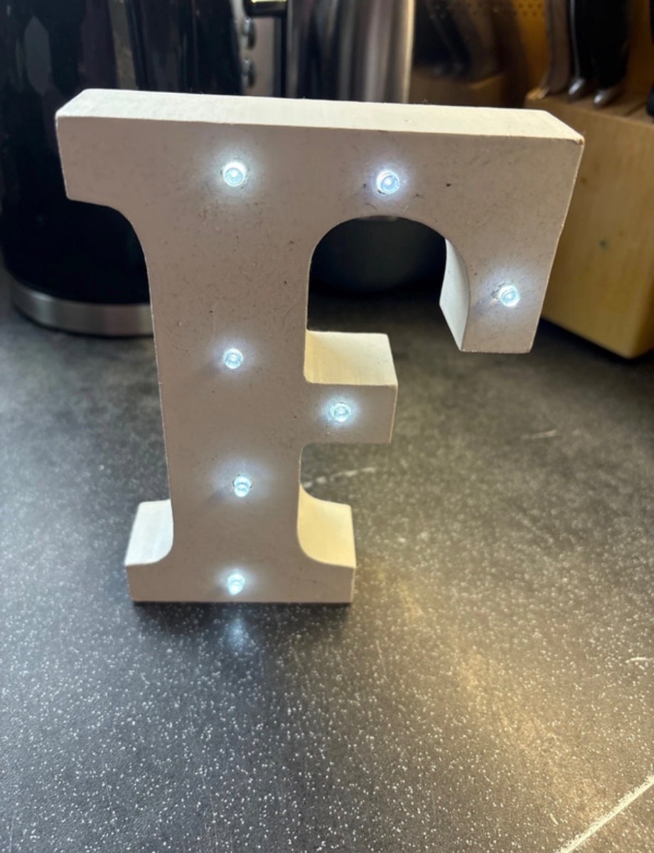 Wooden Illuminating letter F wall sign or stand from IKEA as new