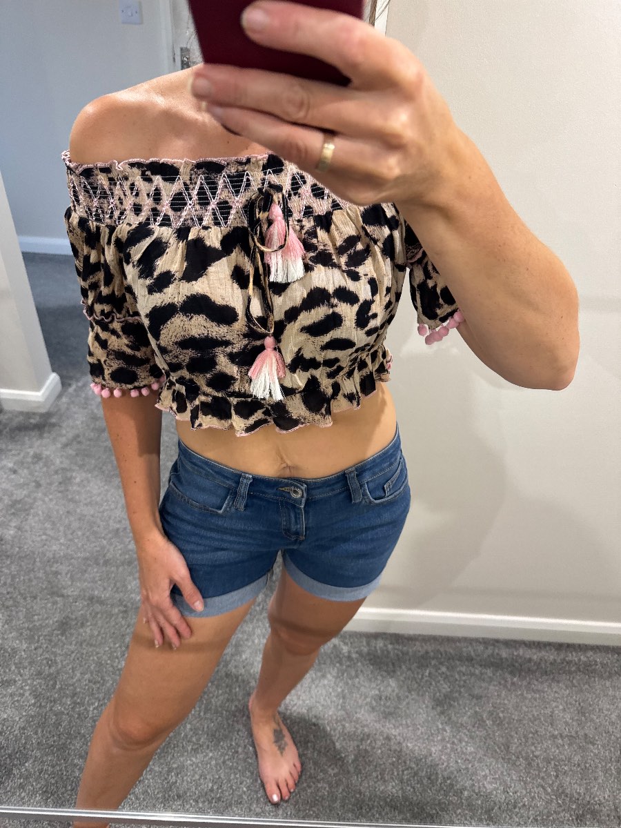 River island beige pink crop top animal print viscose summer holiday size 10 M