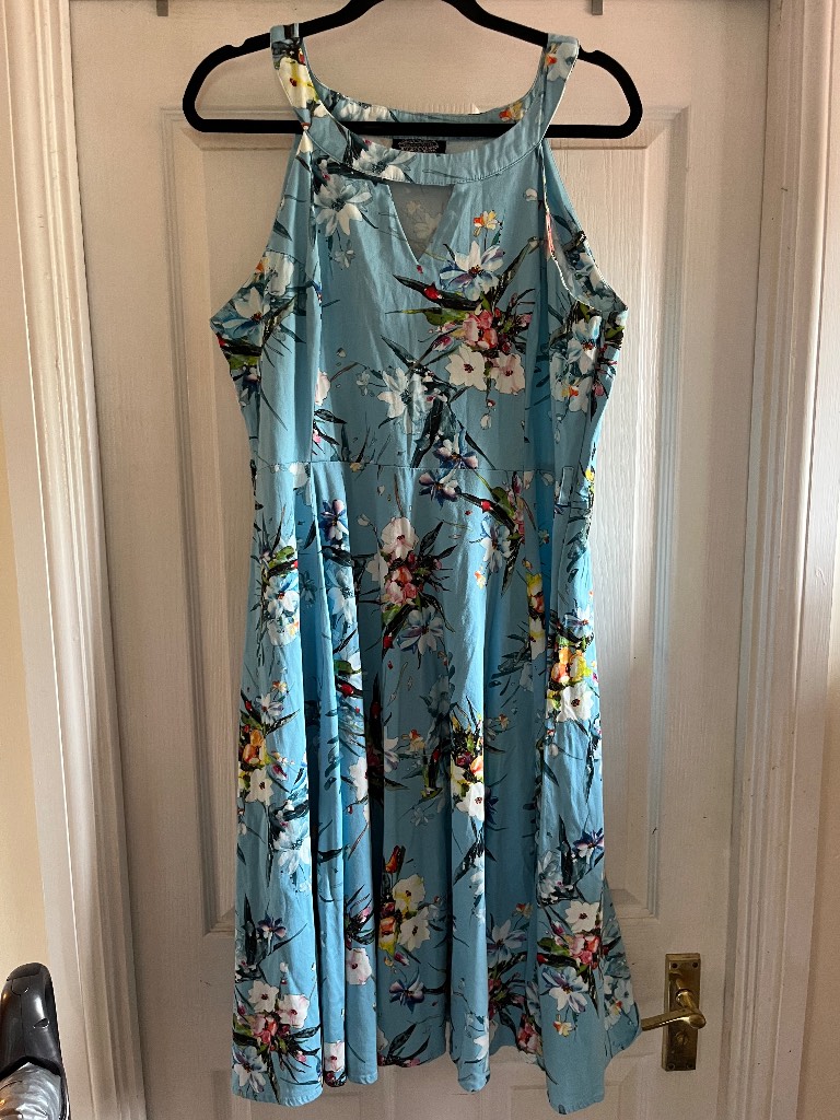 Gorgeous rockabilly style Hearts & Roses Natalia Pale Blue Floral 50s Swing Dress Size 18