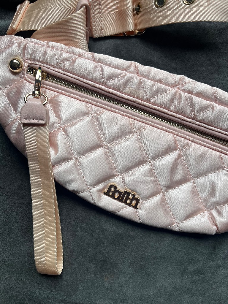 Unused y2k style Faith Quilted Satin Belt Bag / Crossbody – Pale Pink