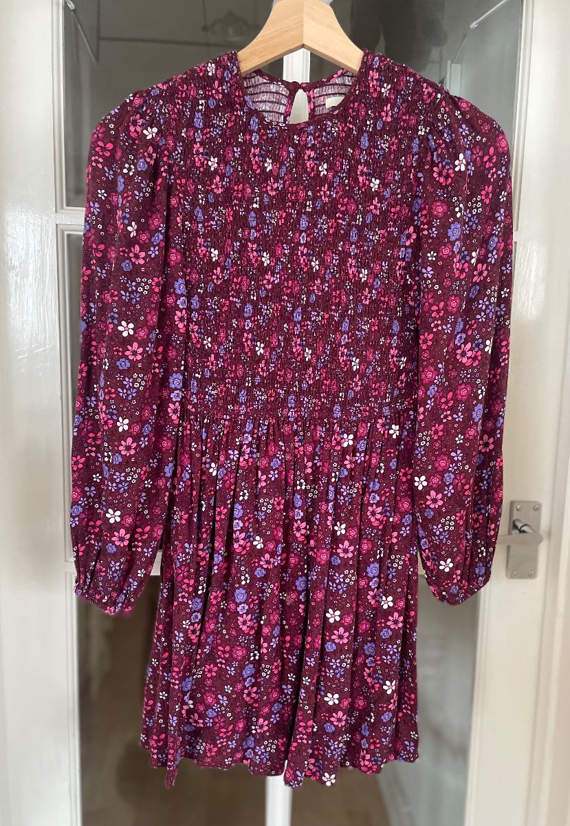 George Girls Burgundy Floral Shirred Long Sleeve Dress Age 10-11 Years 140-146cm