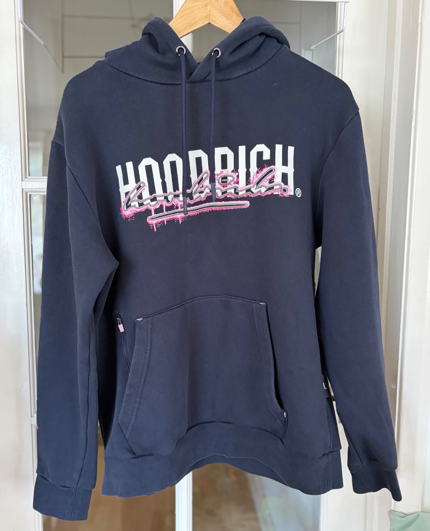 HOODRICH Men’s Navy Blue Hoodie Size M – Pink/White Graphic Logo – Streetwear