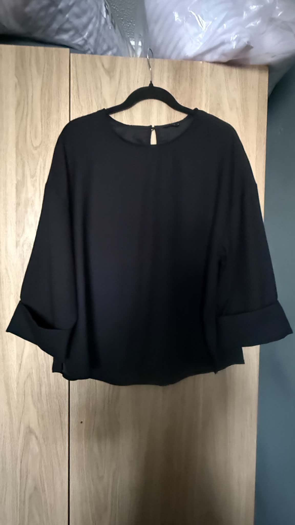 Women’s Black Wide 3/4 Sleeve Turn-Up Cuff Blouse / Smock Top