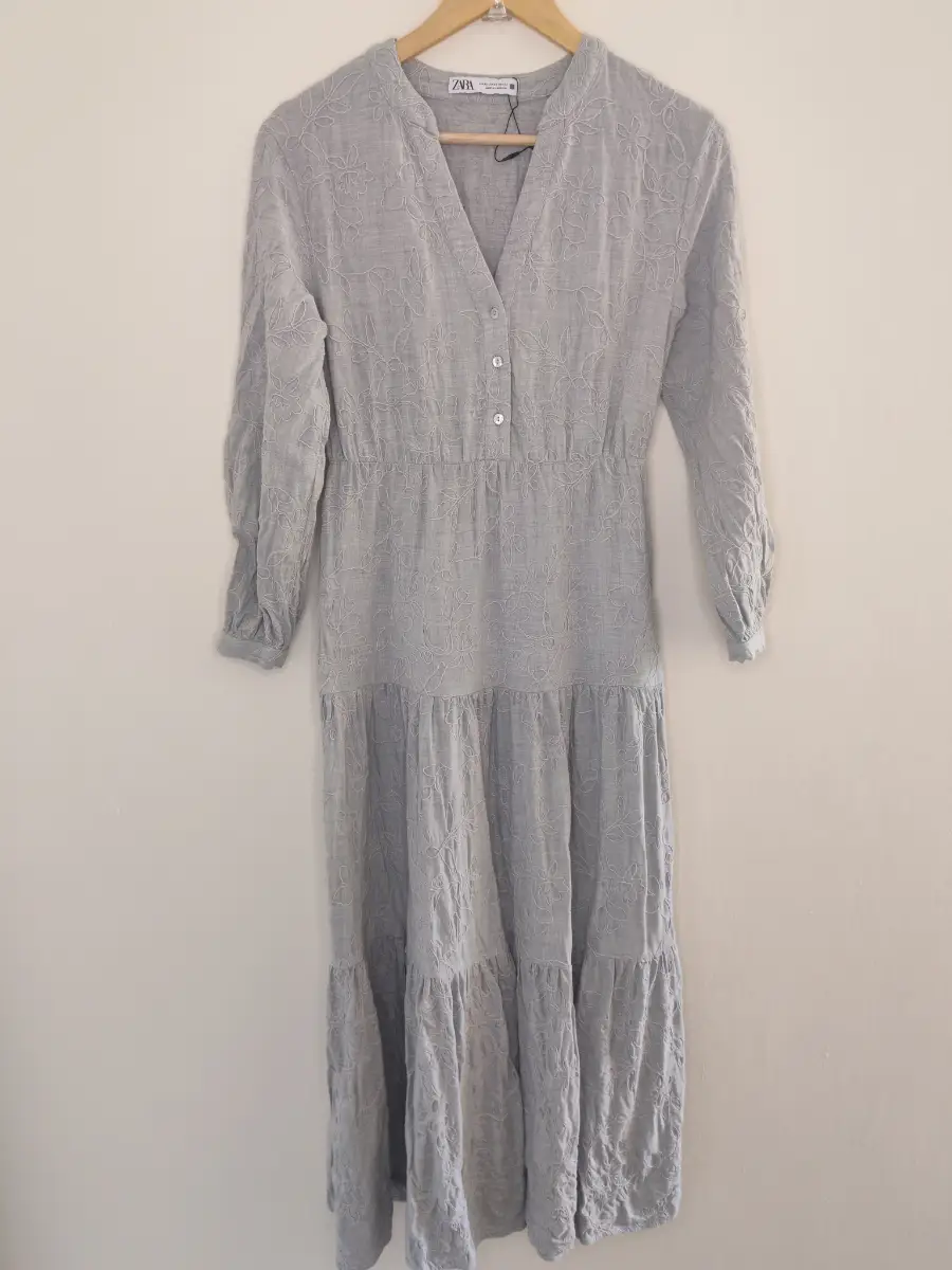 Zara XS Grey Floral Embroidery Tiered Maxi Dress Long Sleeve