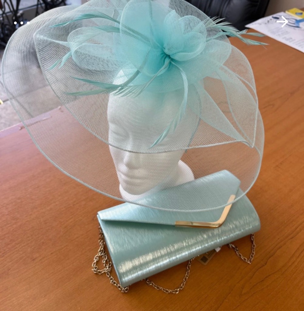Mint green/turquoise clutch bag and fascinator