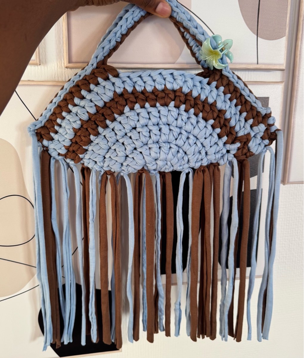 Handmade crotchet blue and brown taco bag