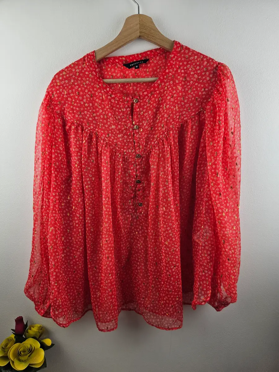 Peacocks coral pink blouse ditsy floral print subtle gold fleck Size 16