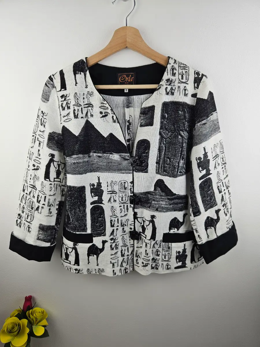 Orla Tivoli jacket white & Black linen Egyptian-themed print Size Small