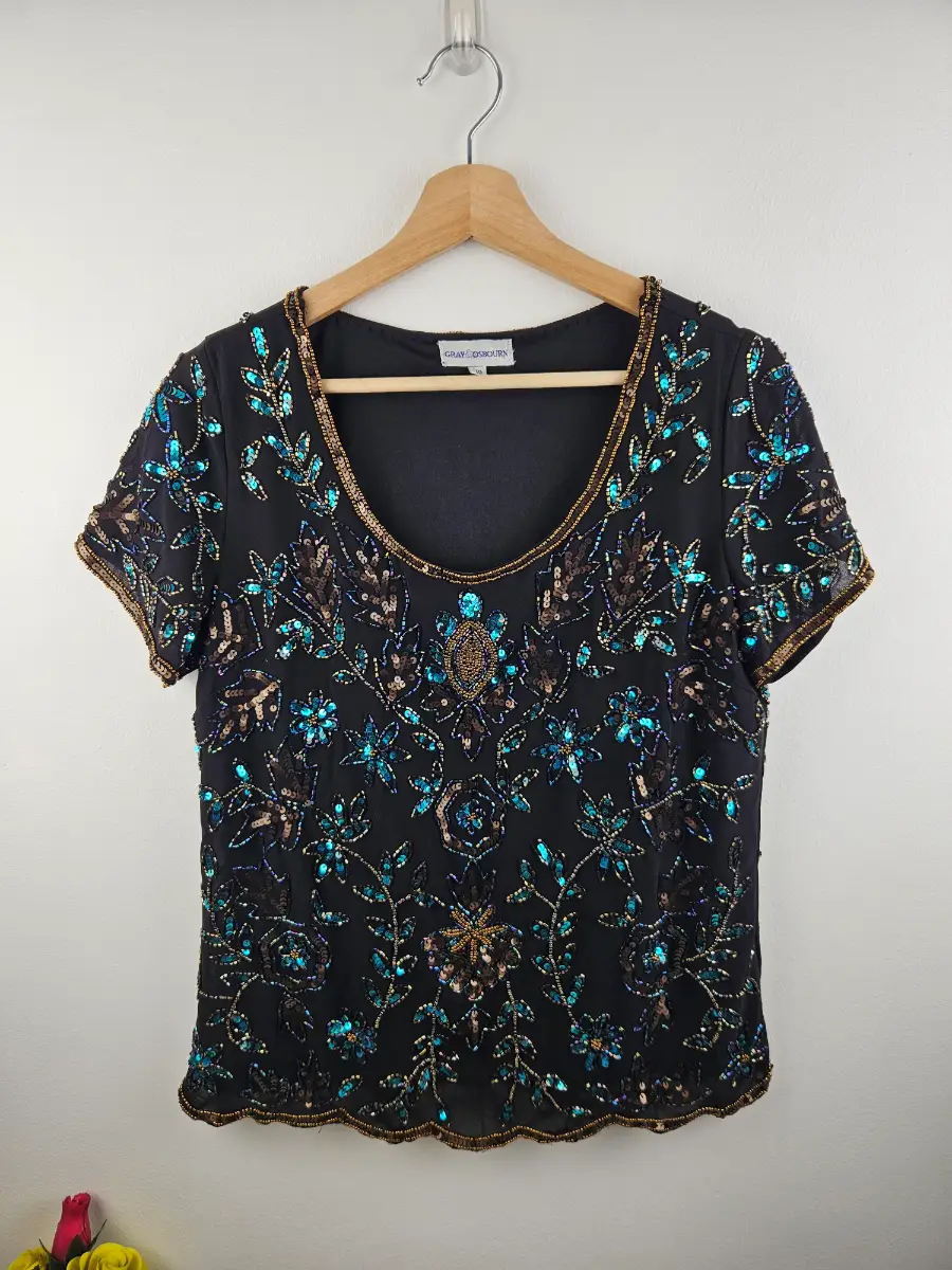 Gray & Osbourn black Top  beaded floral patterns sequin embellishments Size 10