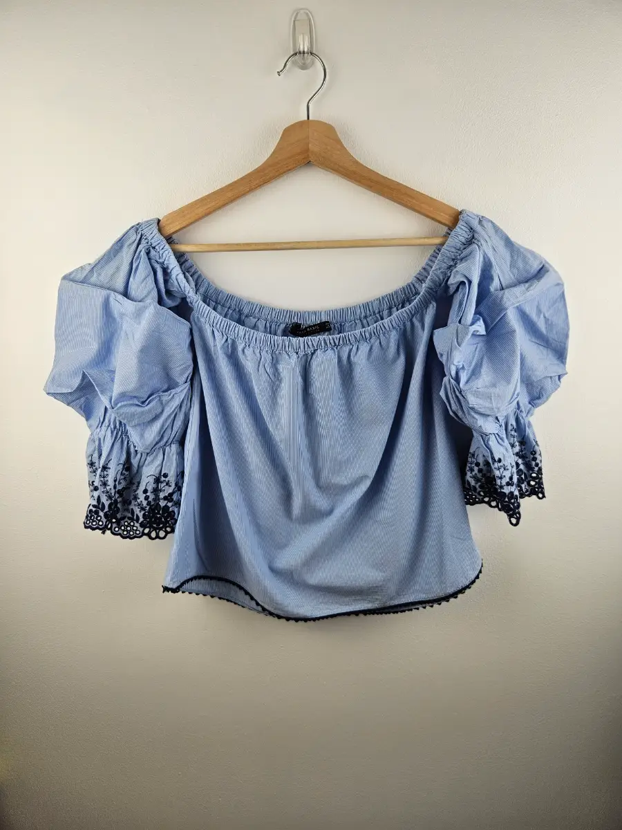 Zara blue & white striped off-the-shoulder puff sleeve Top Embroided Cuff Small