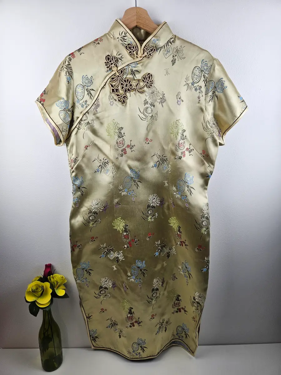 Gold Satin Embroidered Chinese Dress Approx Size 12-14