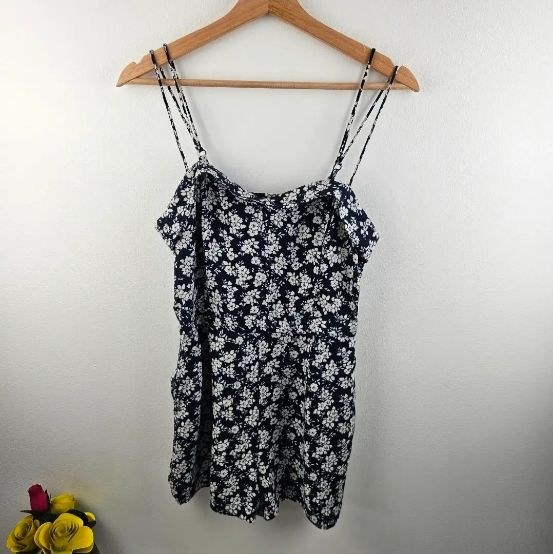 Superdry navy and white flower print playsuit with pockets Size Small