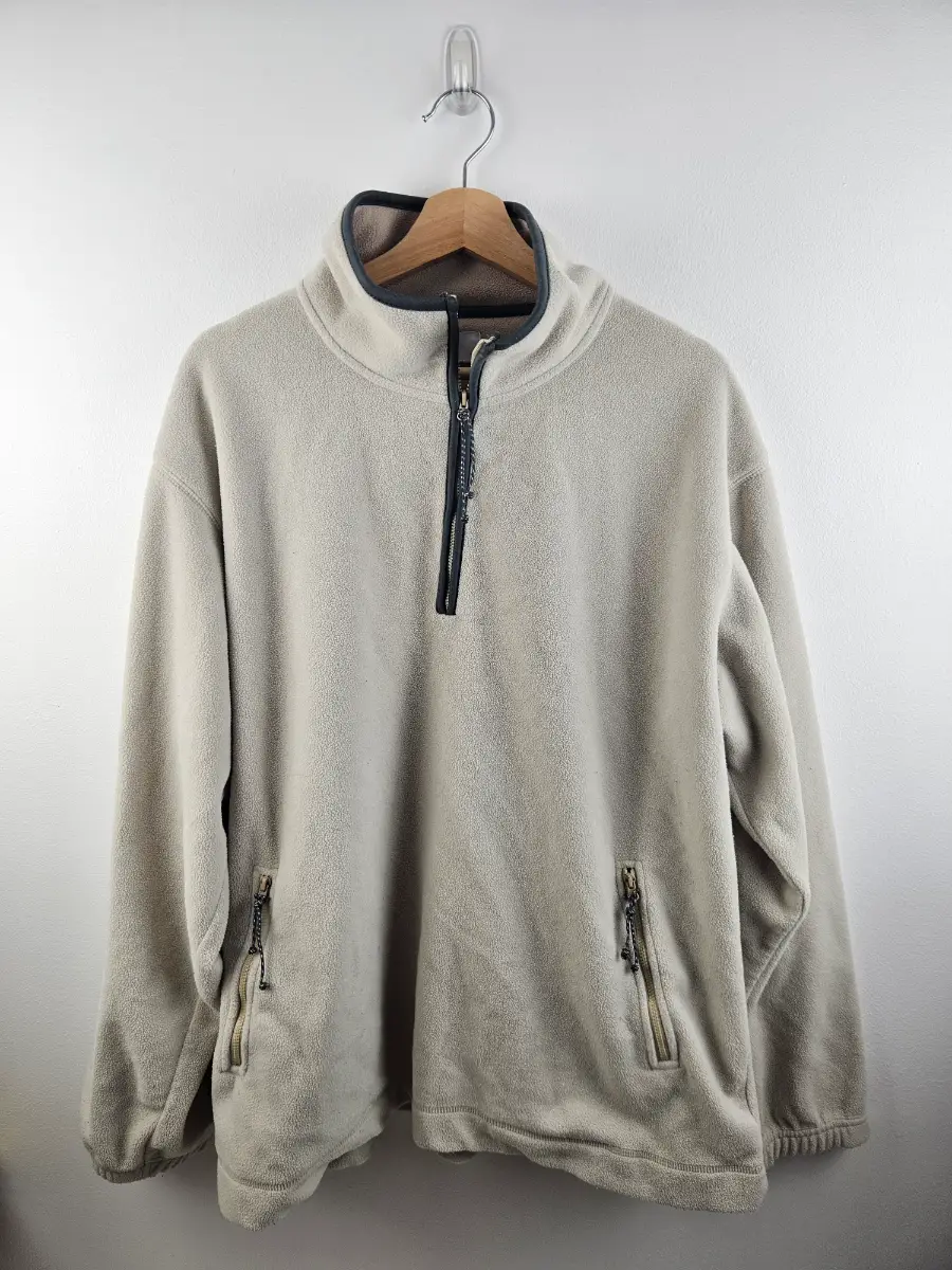 beige fleece dark Green Piping  pullover quarter-zip Zip Pockets Size XXL Zantos