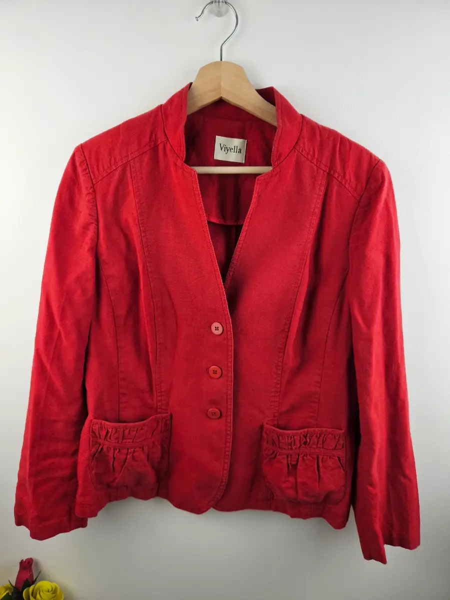 Viyella red linen Blend blazer collarless neckline  textured pockets Size 12
