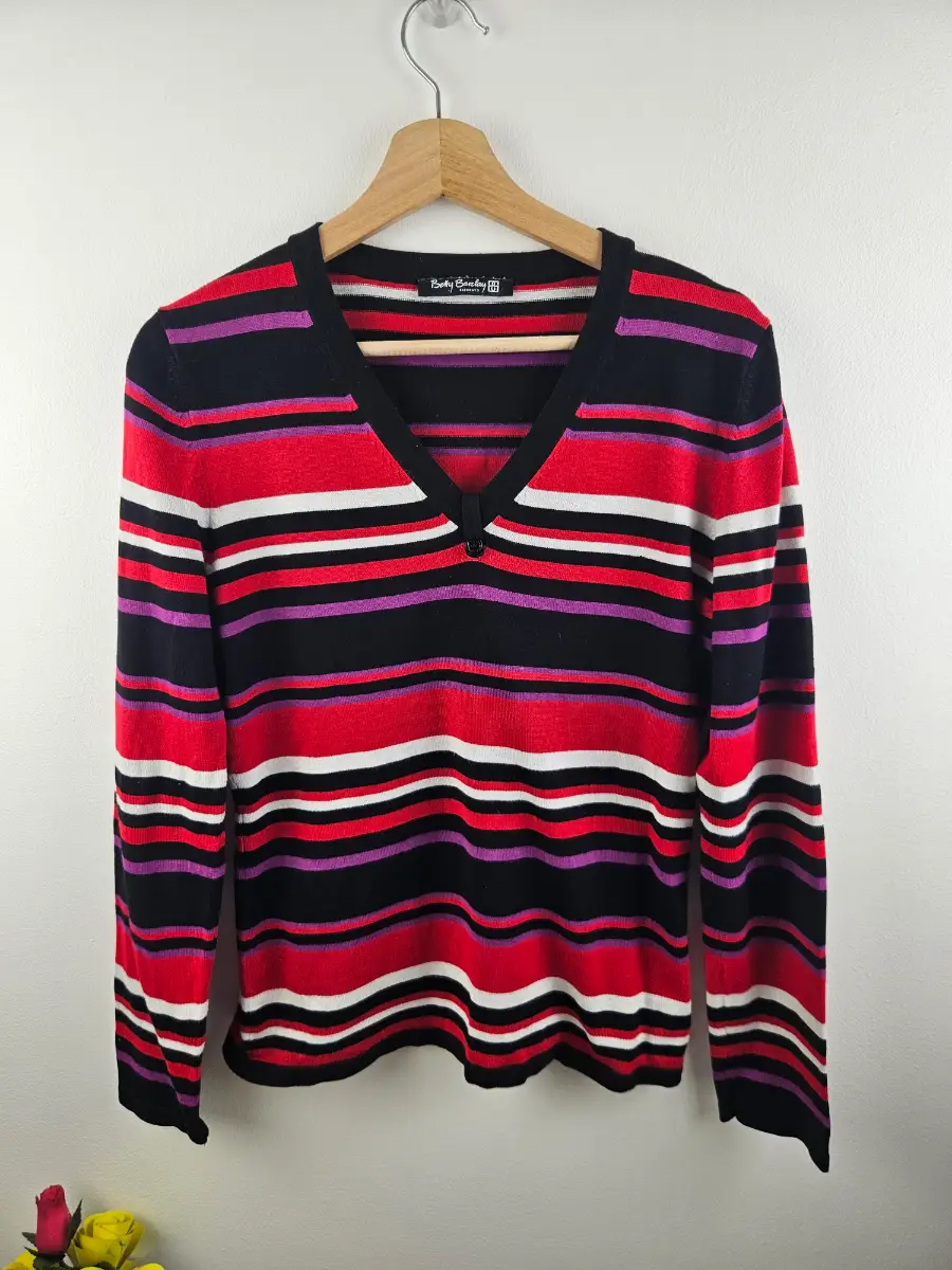 Betty Barclay striped V-neck sweater  Black red Purple stripe v-neck Size 12