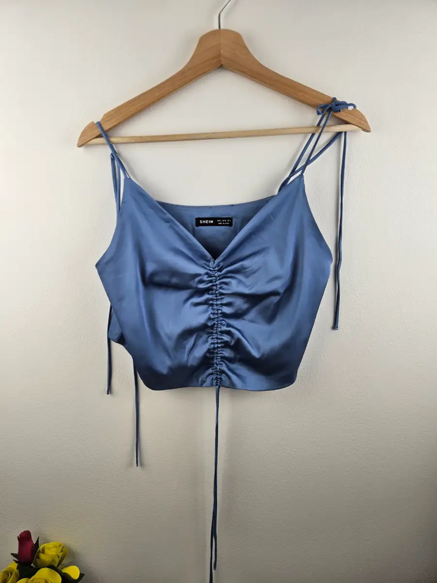 ruched Blue satin crop top front drawstring tie detail Adjustable Straps  Small
