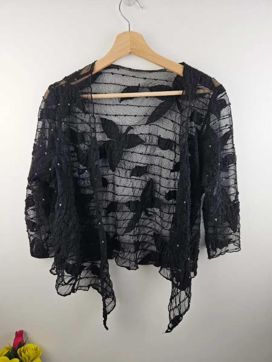black waterfall jacket Cardigan Sheer, frilled sequin fabric Approx Size Medium