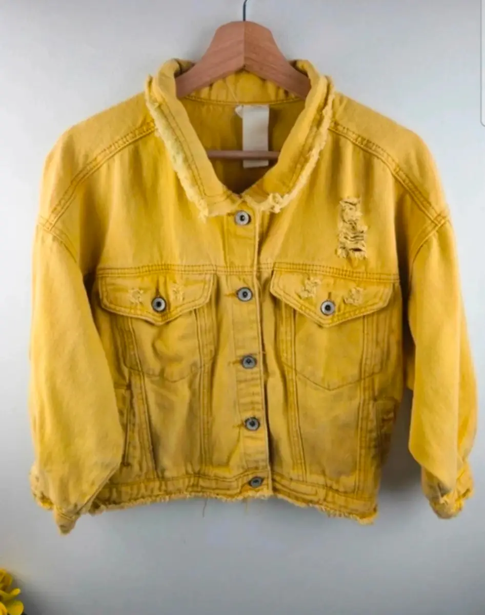 Cropped Yellow Denim Jacket Distressed Ripped style , Size Small cute spring look