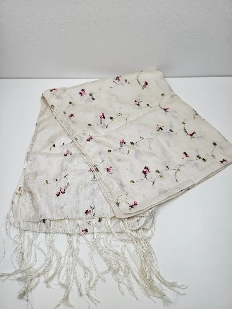 Silk Blend Flower Embroided Cream Tassle Scarf