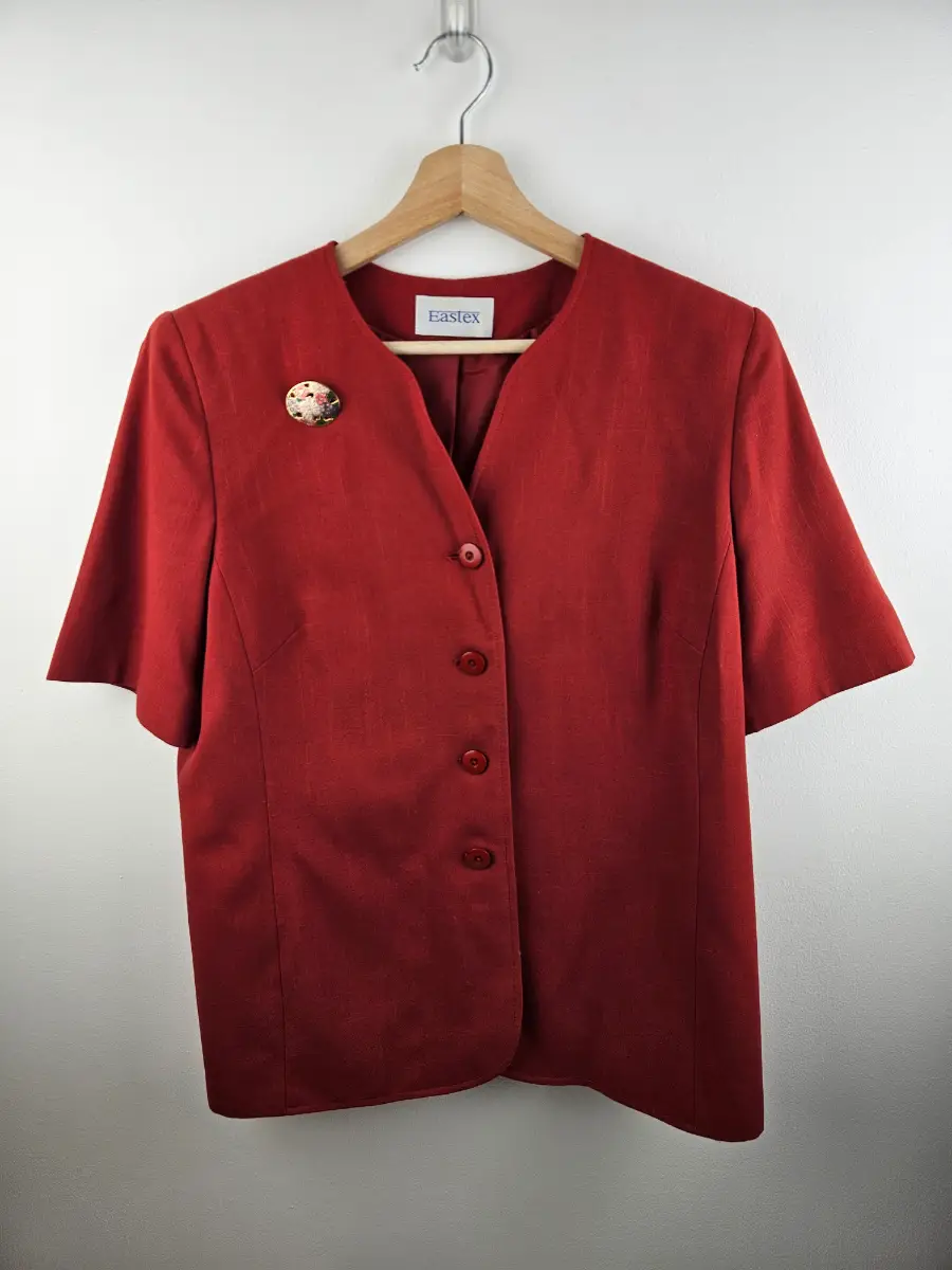 Eastex vintage Red suit jacket Smart Blazer Button Up With Brooch Size 14 short sleeve