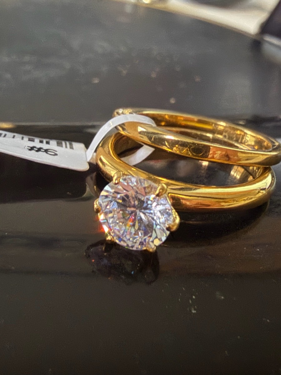 1.25 Carat Gold Solitaire Ring Set size L Engagement & Wedding Band
