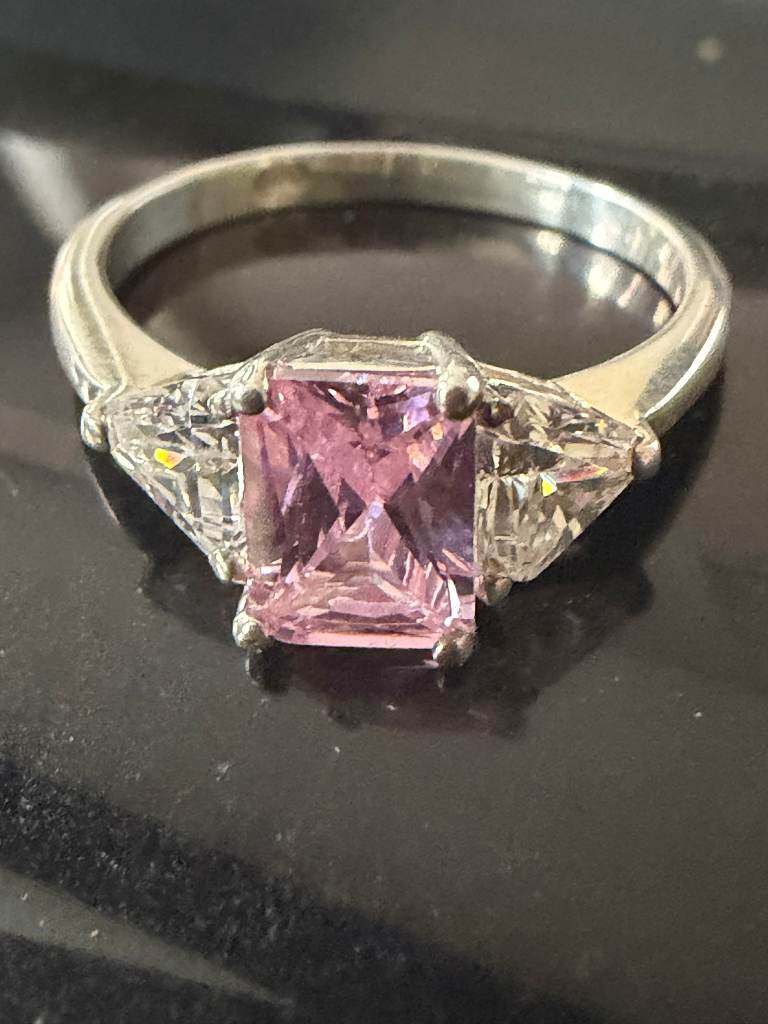 Sterling Silver Pink Three Stone Ring Emerald Cut Trillion CZ Sparkling Size T
