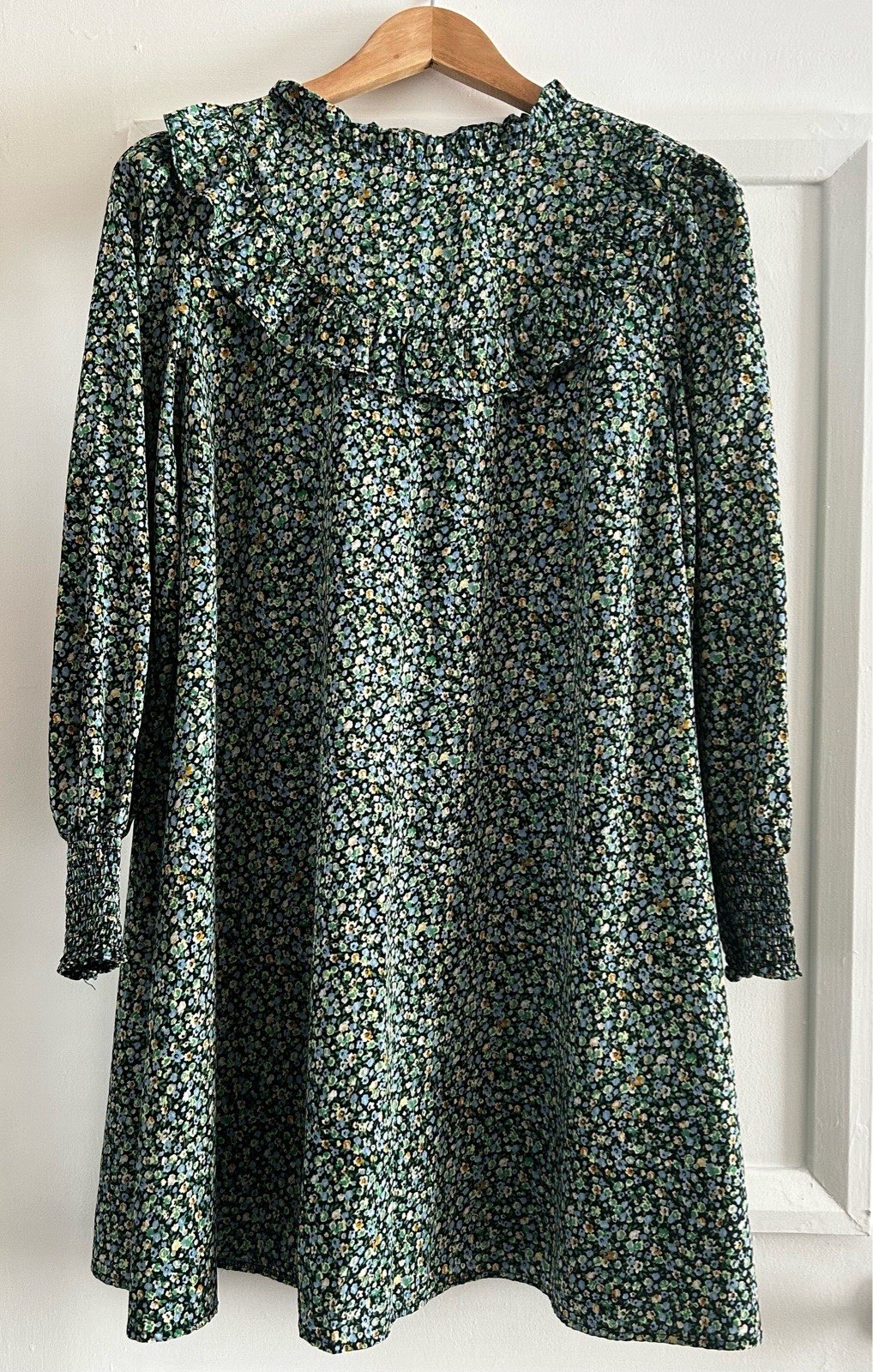 New Look Ditsy Floral Smock Dress Frill High Neck, Shirred Cuffs, Size 12 B2
