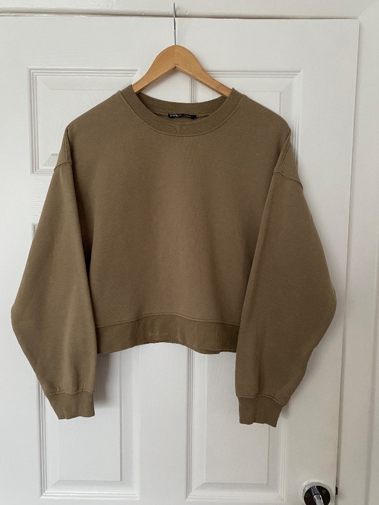 Zara Taupe Cropped Sweatshirt Womens Size S Oversized Jumper Casual Beige