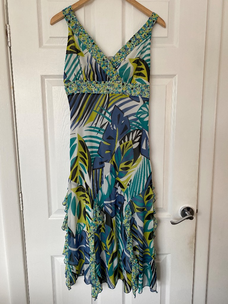 Tropical Print Hanky Hem Midi Dress Size S - Open to Offers