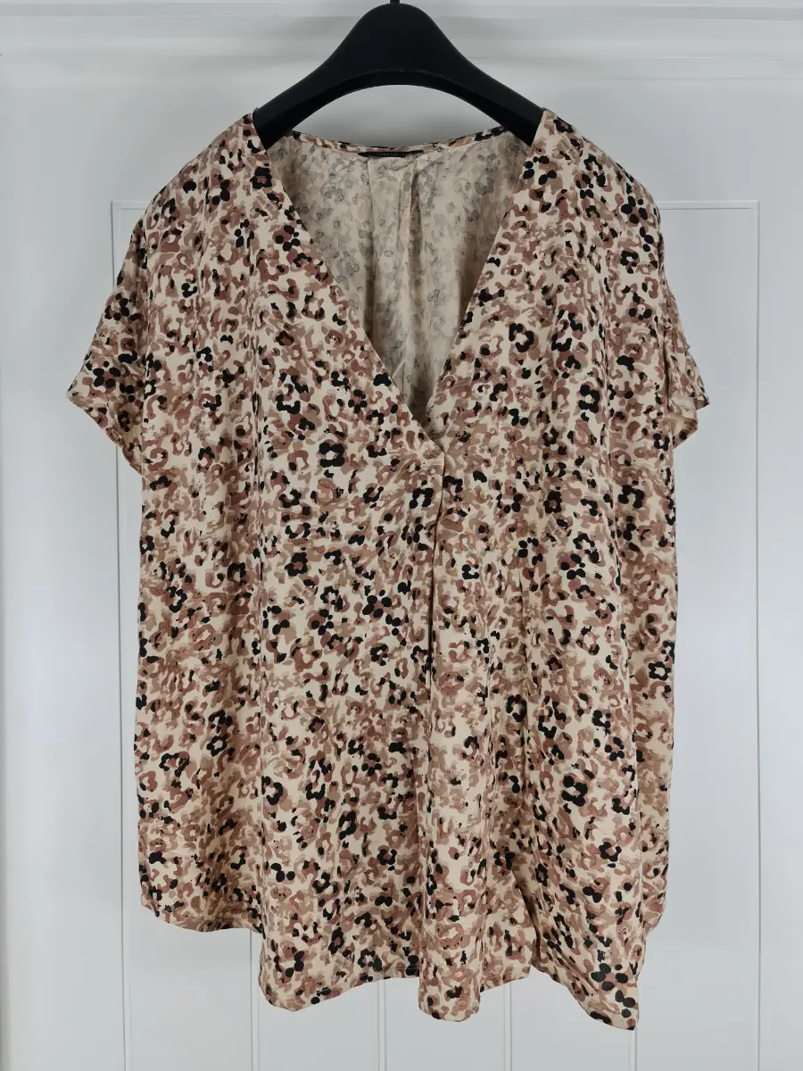 Roman Leopard Print Blouse UK 14 Beige Brown V Neck Short Sleeve Viscose Top