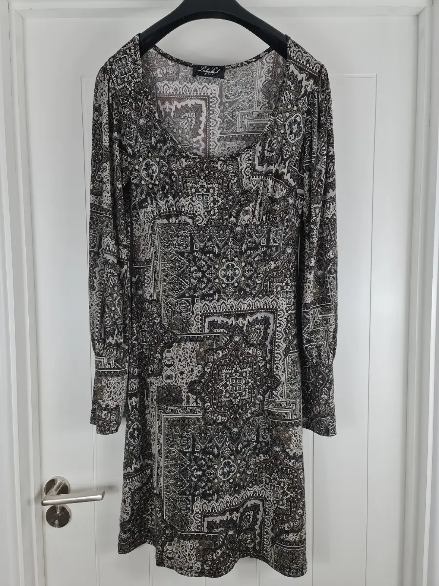 Lady Lol Paris Paisley Print Stretch Dress Brown Long Sleeve Midi Size T2 UK 10