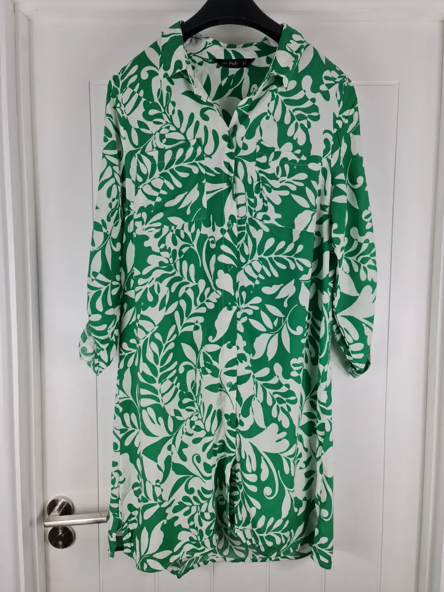 F&F Green White Floral Leaf Print Shirt Dress UK 14 Midi Button Up Long Sleeve