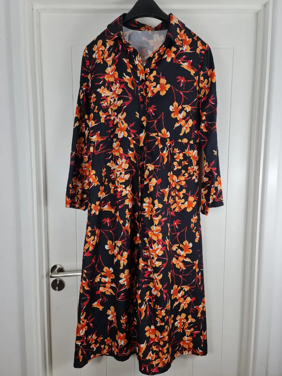 Ella Black Orange Floral Shirt Dress Midi Long Sleeve Button Front