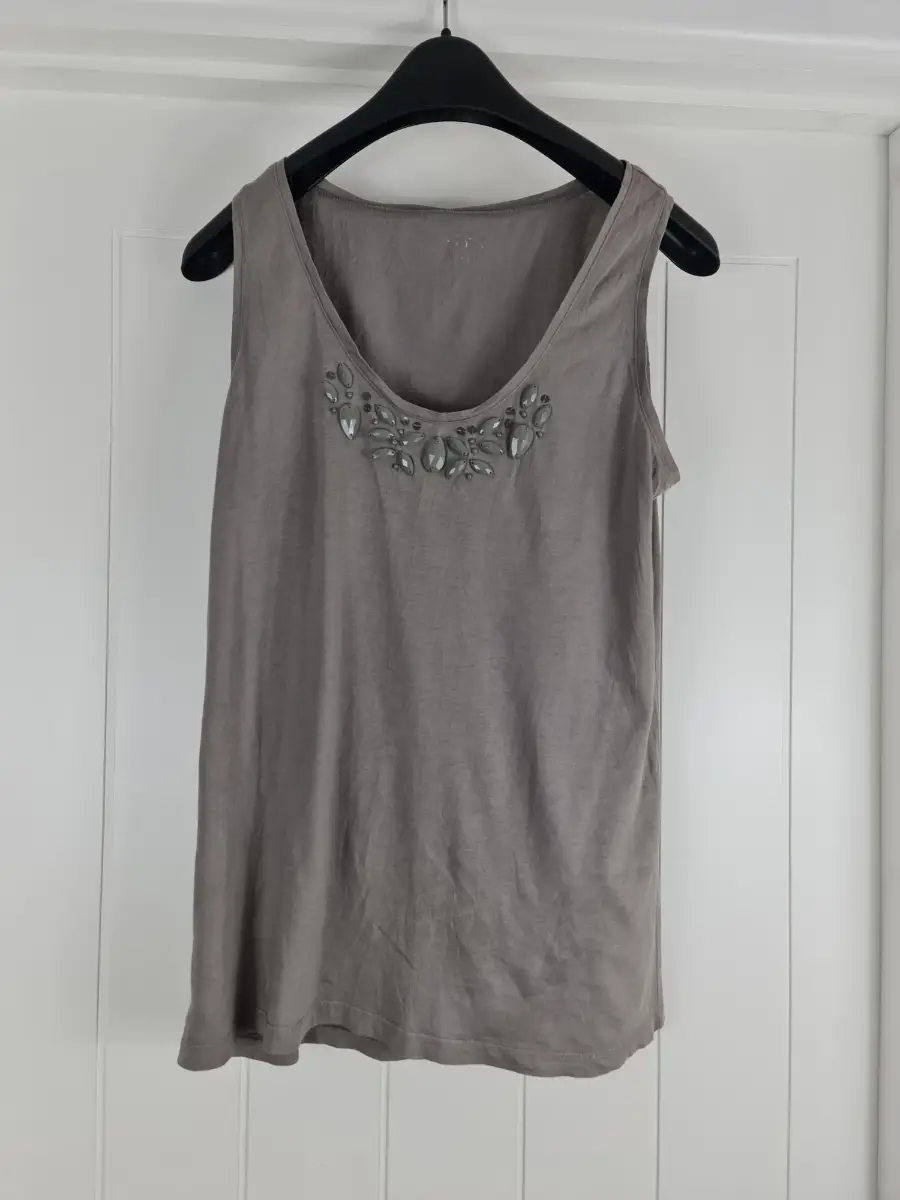 Grey Embellished Sleeveless Vest Top Scoop Neck Stretch Casual