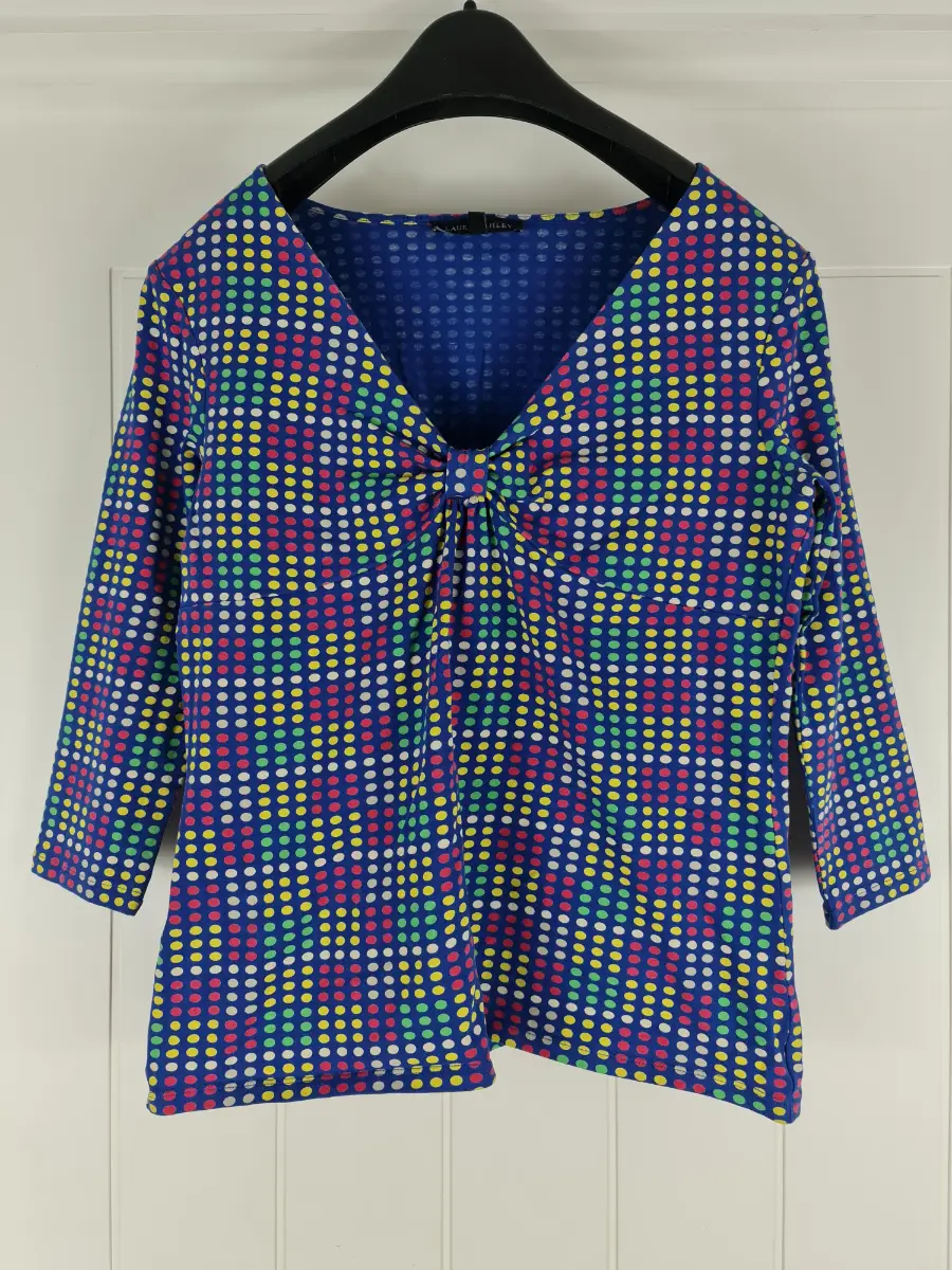 Laura Ashley Blue Polka Dot Top UK 14 Cotton Stretch V Neck 3/4 Sleeve Retro