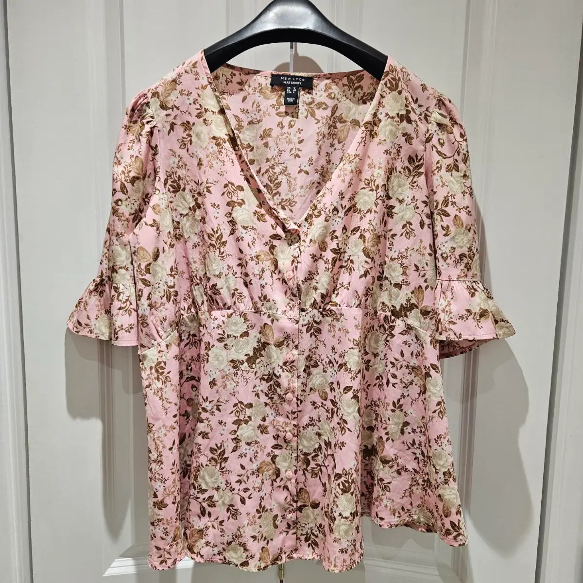 New Look Maternity Floral Peplum Blouse Pink V Neck Top UK 12 Boho Romantic