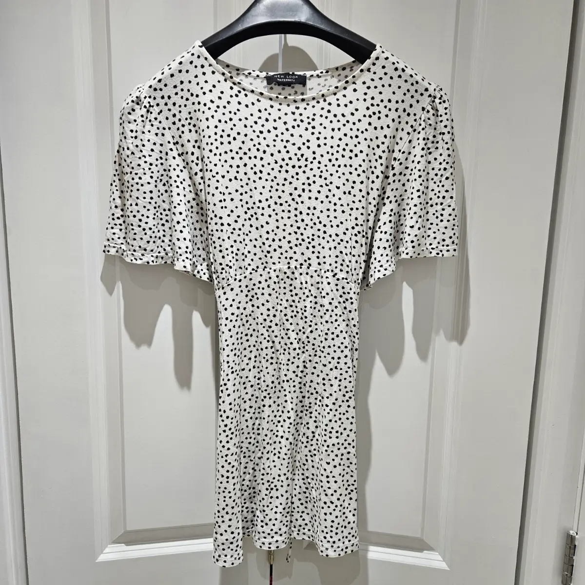 New Look Maternity Spotty Smock Mini Dress UK 12 White Black Stretch Tie Back
