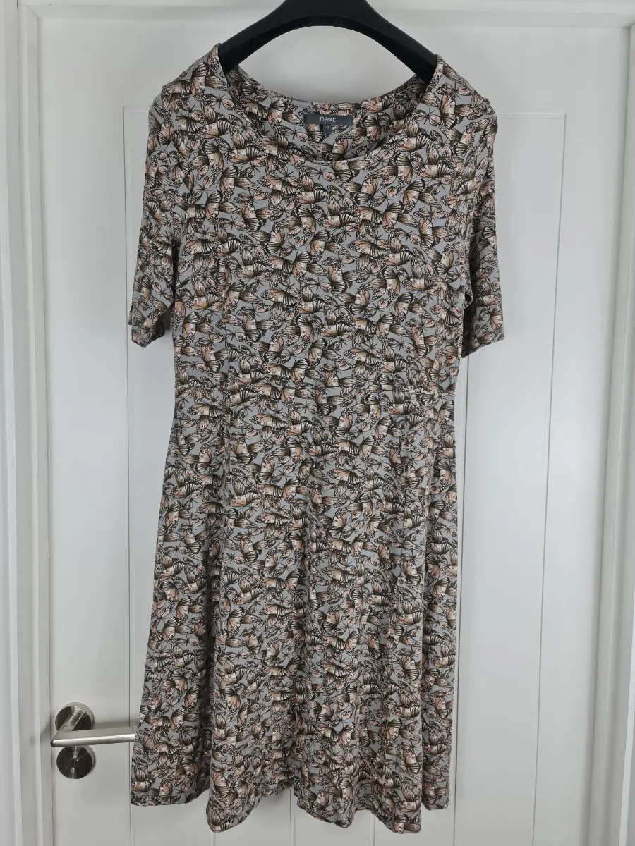 Next Grey Butterfly Print Midi Dress Size 12 Stretch Jersey Skater Casual UK