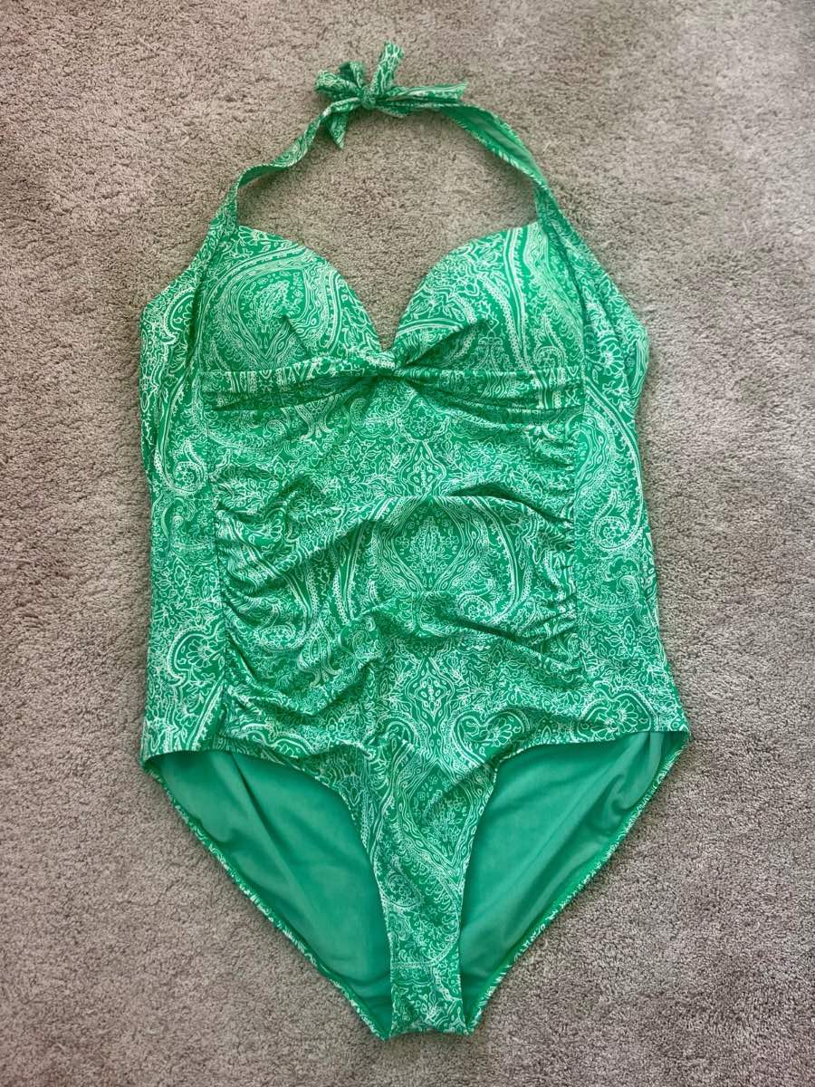 Vibrant green patterned woman’s halter neck swimming costume, NEW RRP £49.95 - size 22