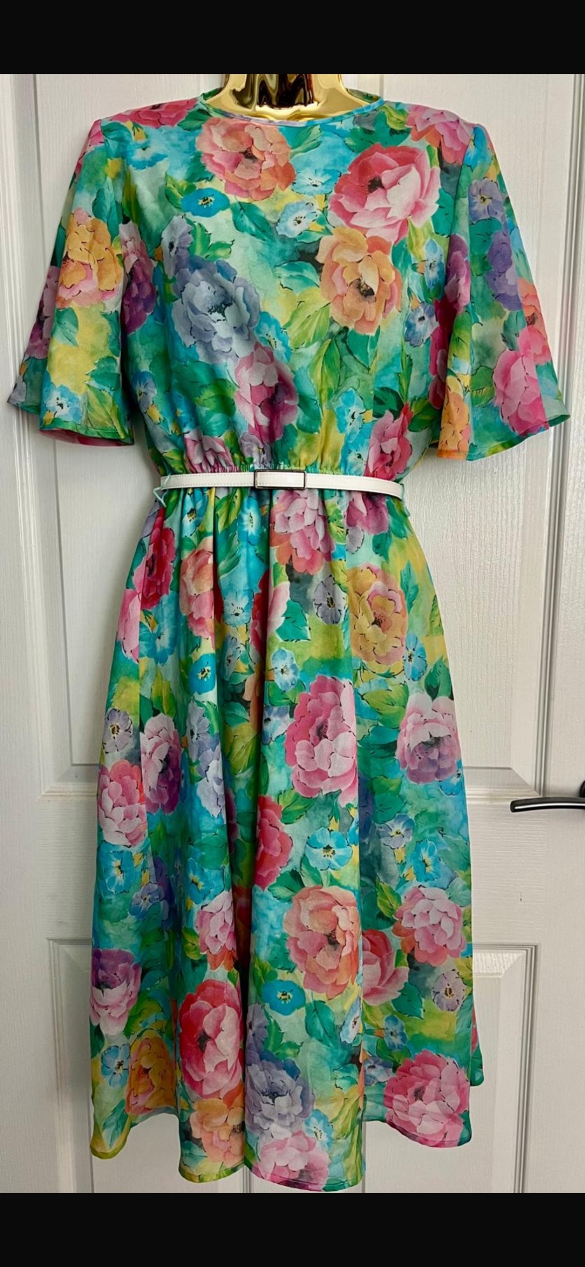 Vintage Ladies Pride Petite Dress Size 10 Floral Watercolor Midi Belted UK VTG
